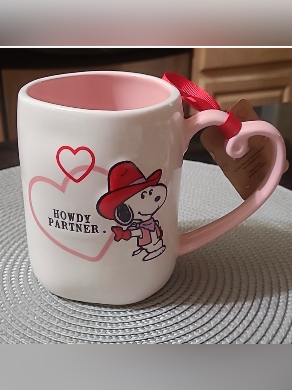 Rae Dunn x Peanuts Snoopy "Howdy Partner" White Mug w/ Heart Shaped Pink Handle